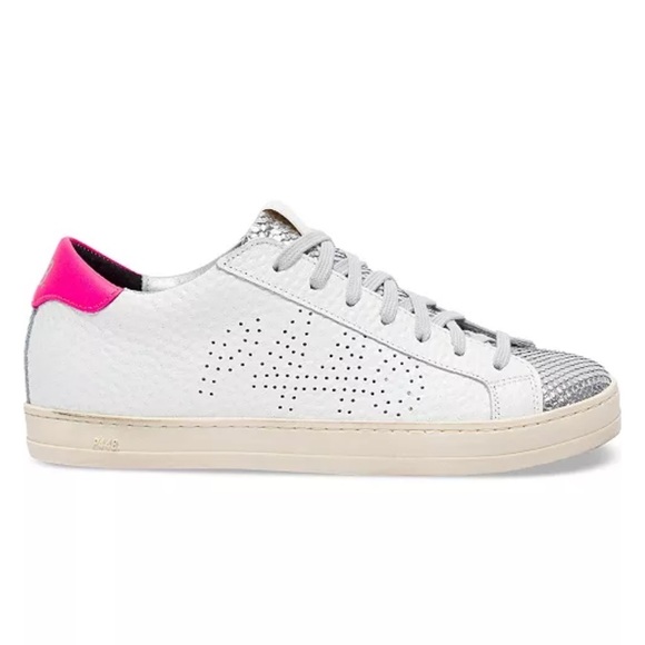 P448 John Lace-Up Low-Top Leather White Pink Silver Sneakers Size 42 / 11.5-12 - Picture 1 of 15